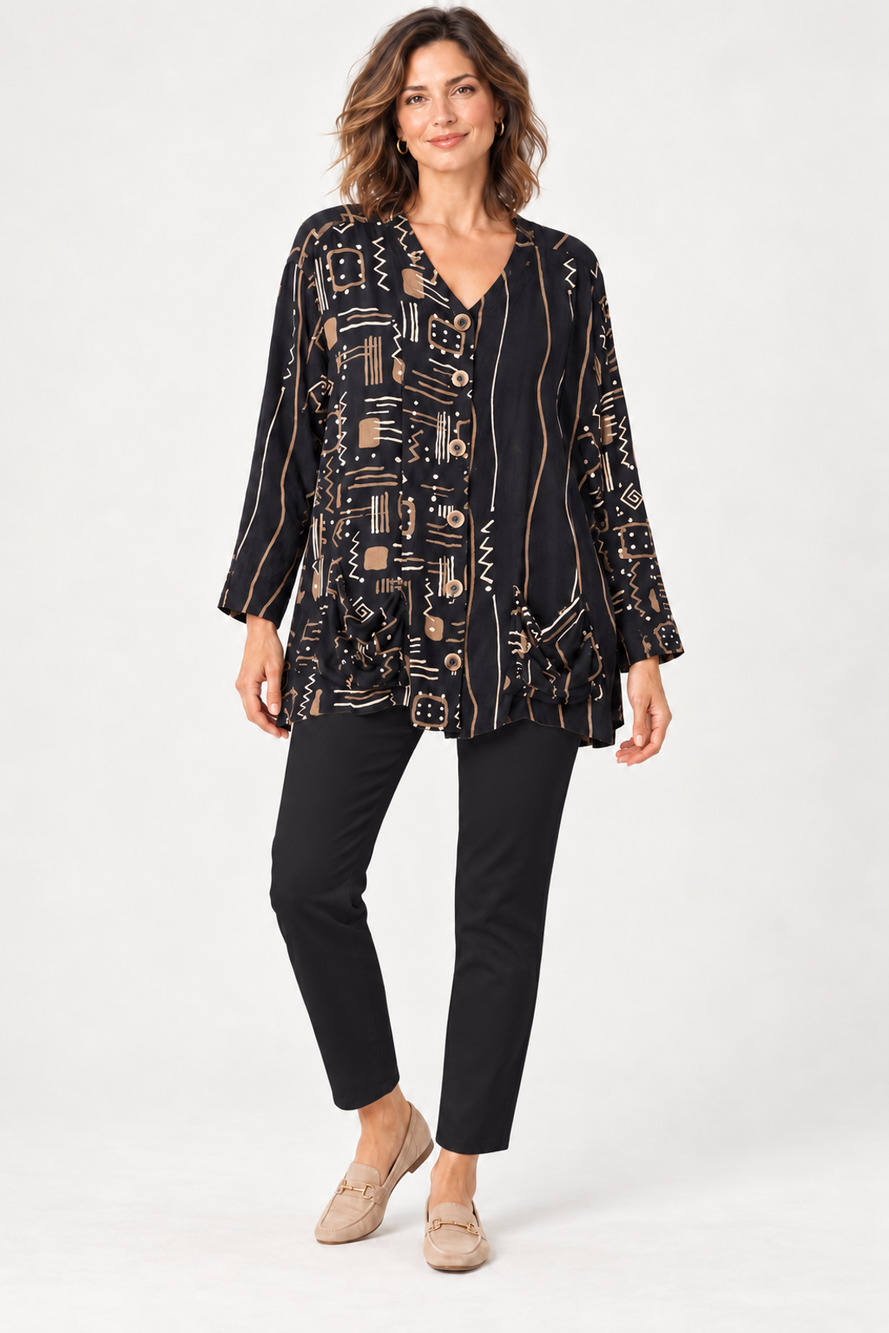 Chico’s Design Black Aztec Southwestern Boho Jacket Size 1 Large Geo Print Tunic
